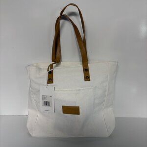Cozy Earth Natural Canvas Tote Bag Faux Leather Handles Zipper Closure NEW